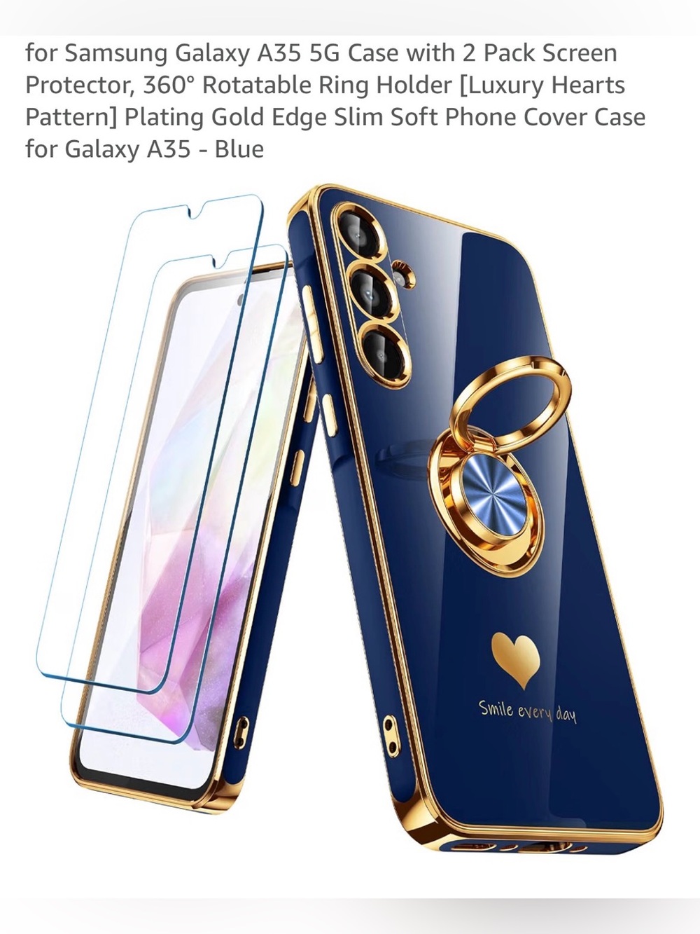 ☎️Samsung A35 Blue Glossy Case with Gold Ring Holder & screen protector